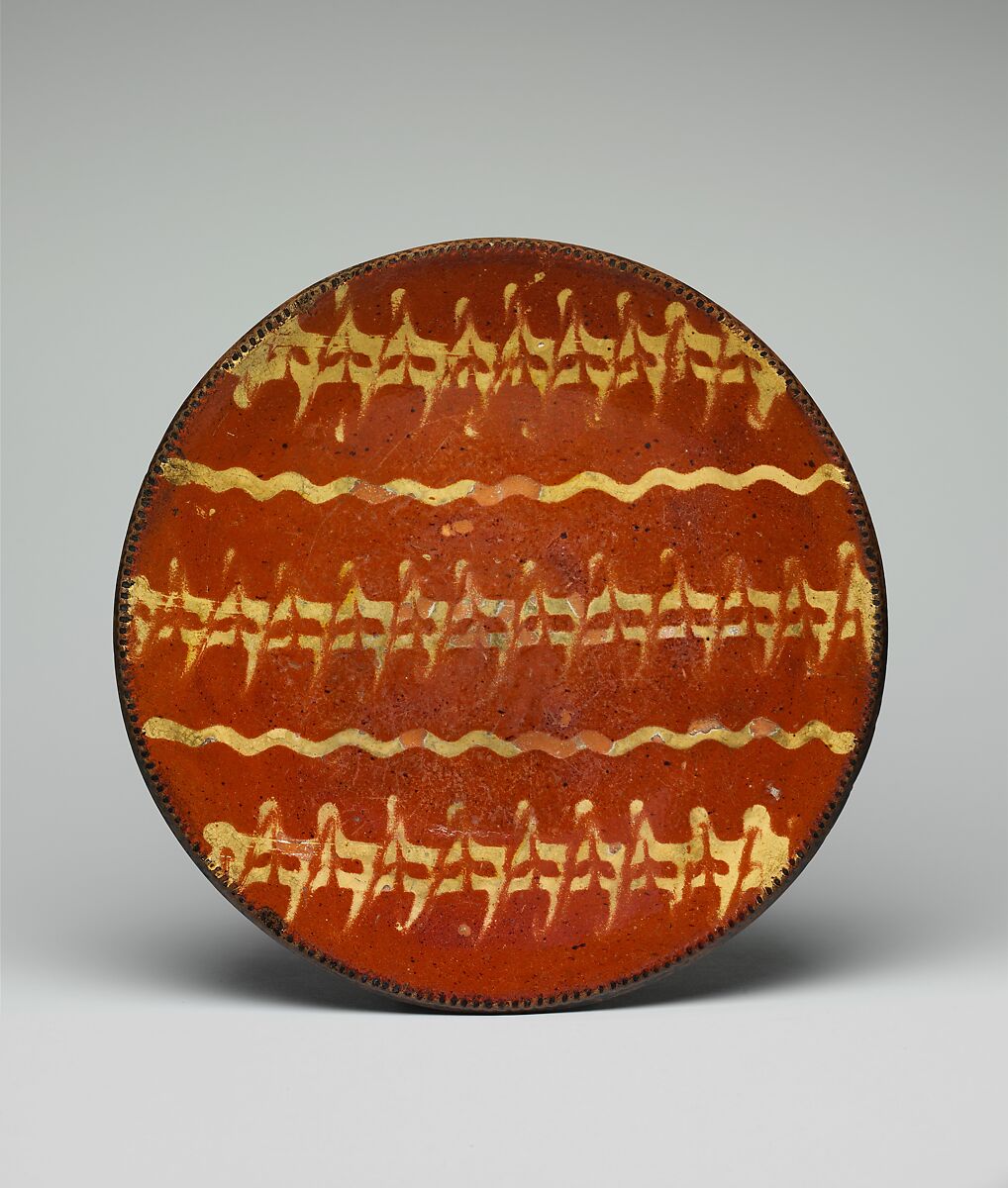 Plate, Joseph McCully (American, 1757–1820), Earthenware; Redware with slip decoration, American 