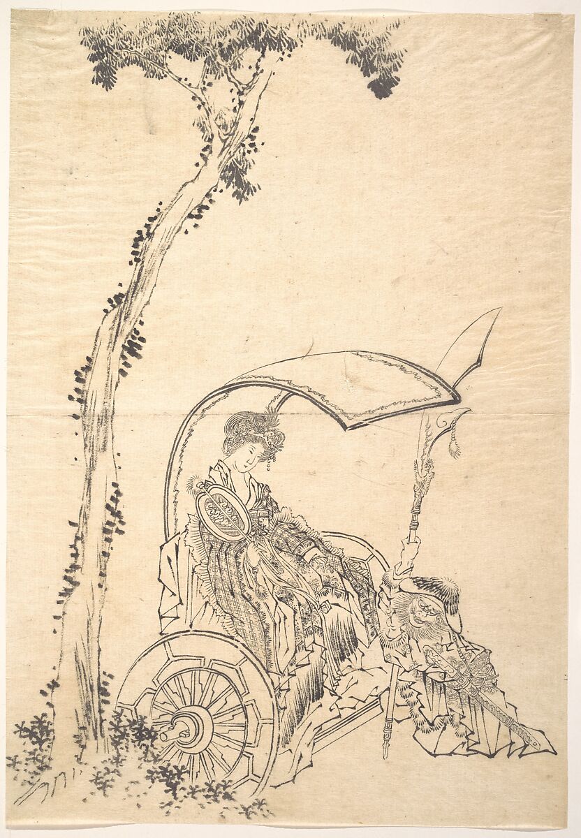 Lady in a Chariot, Katsushika Hokusai (Japanese, Tokyo (Edo) 1760–1849 Tokyo (Edo)), Monochrome woodblock print; ink on paper, Japan 