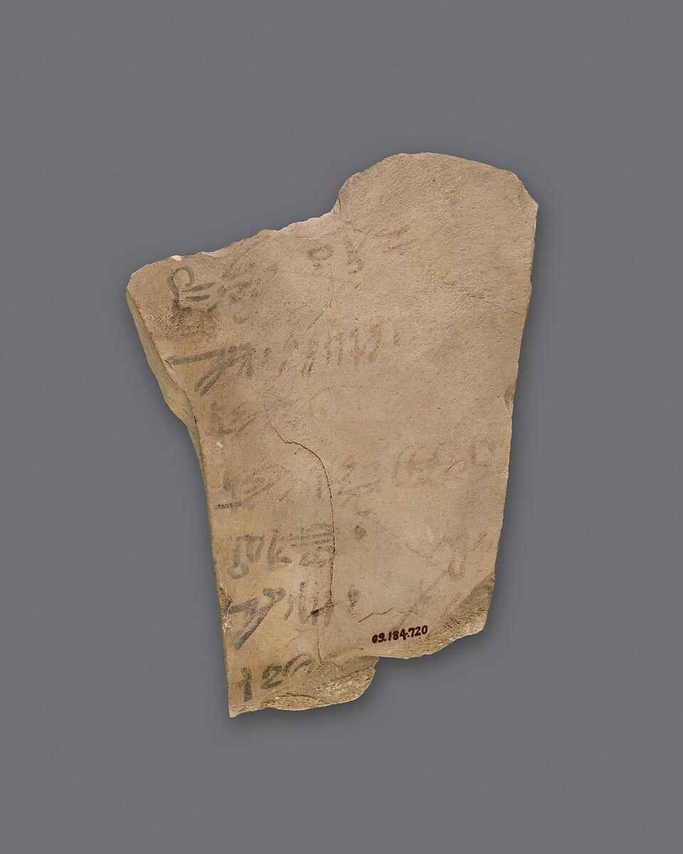 Hieratic ostracon with a list of workmen's names, Limestone, ink 