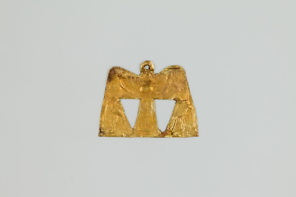 Amulet depicting two baboons flanking a djed pillar with sundisk and atef-crown, Gold sheet 