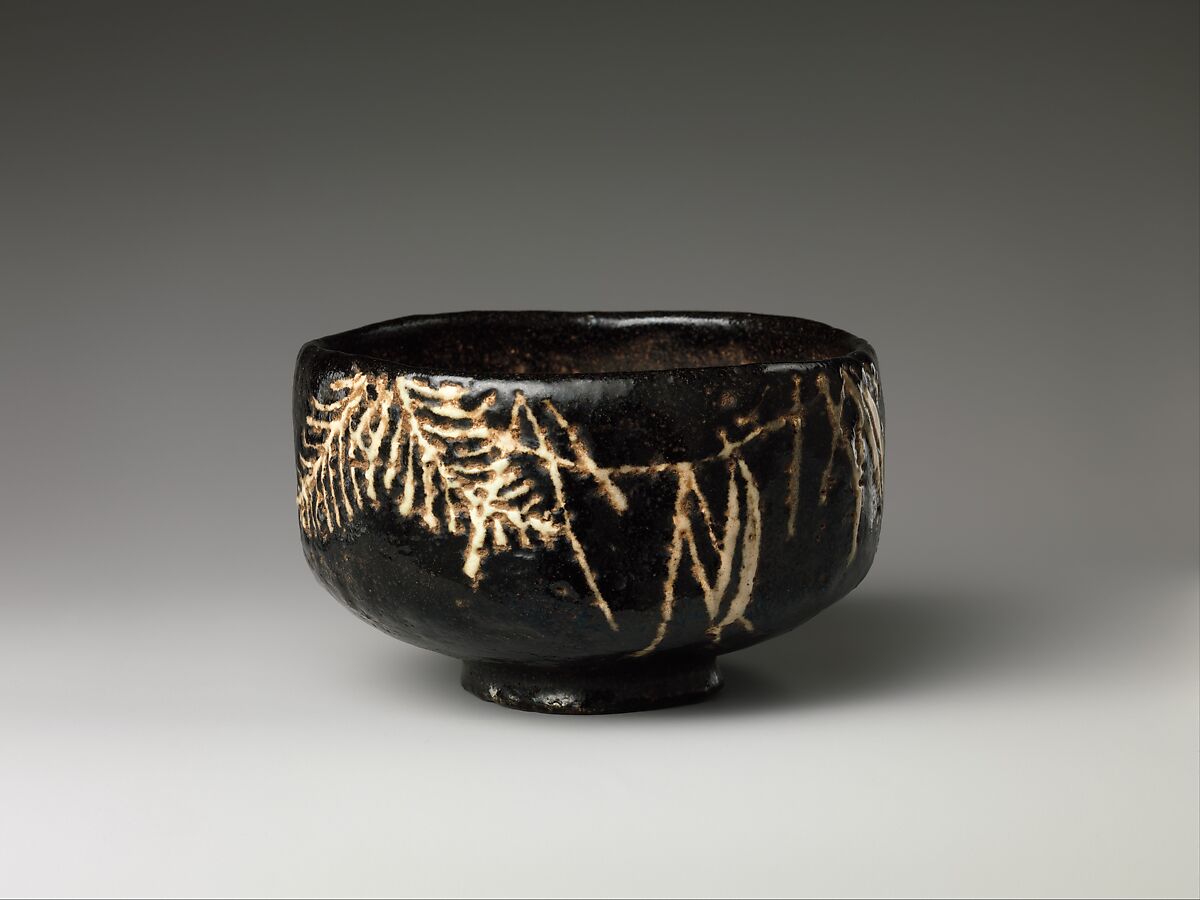 Teabowl (Chawan), Style of Ogata Kenzan (Japanese, 1663–1743), Stoneware with black glaze and inlaid white slip (Kyoto ware), Japan 