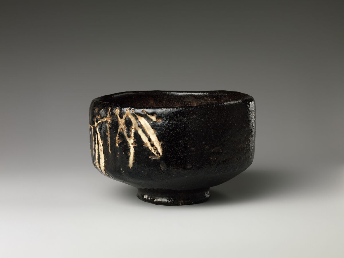 Teabowl (Chawan), Style of Ogata Kenzan (Japanese, 1663–1743), Stoneware with black glaze and inlaid white slip (Kyoto ware), Japan