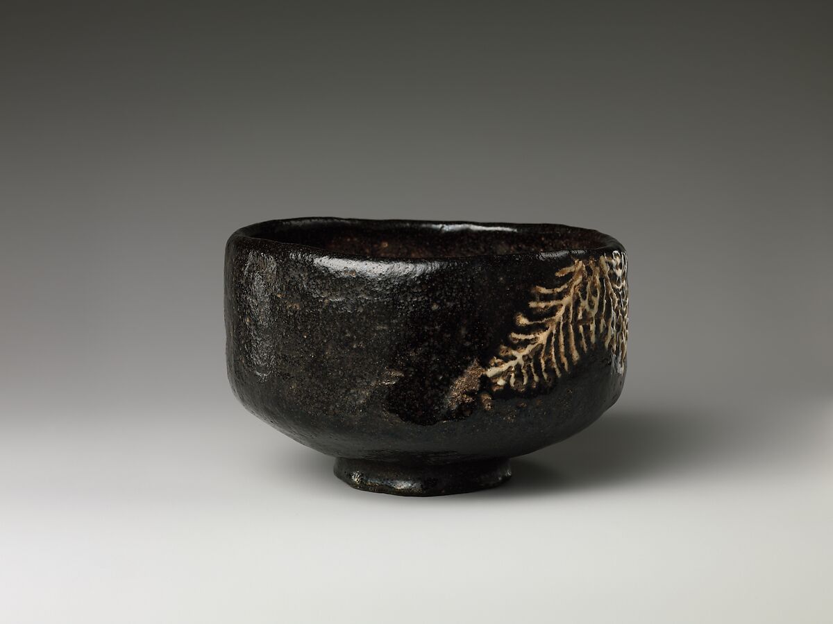 Teabowl (Chawan), Style of Ogata Kenzan (Japanese, 1663–1743), Stoneware with black glaze and inlaid white slip (Kyoto ware), Japan
