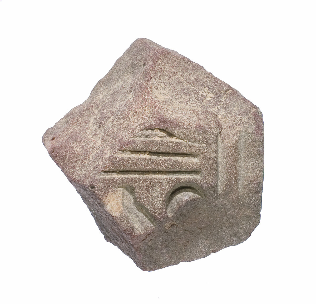 Part of a small block with parts of names of the Aten and Akhenaten preserved on two adjacent sides, Red quartzite 