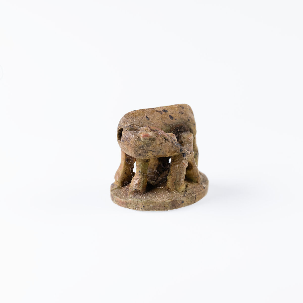 Design amulet, Cow and Calf on the Back, Device showing Antithetical Falcons Flanking an Ankh Sign over a Crouching Lion, Steatite