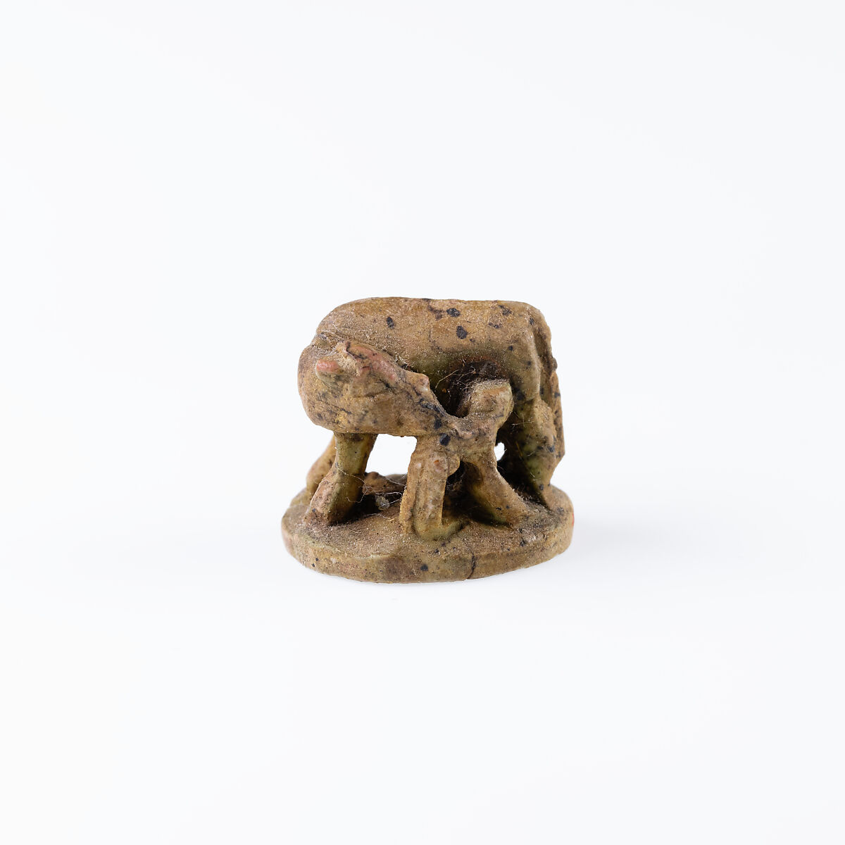 Design amulet, Cow and Calf on the Back, Device showing Antithetical Falcons Flanking an Ankh Sign over a Crouching Lion, Steatite 