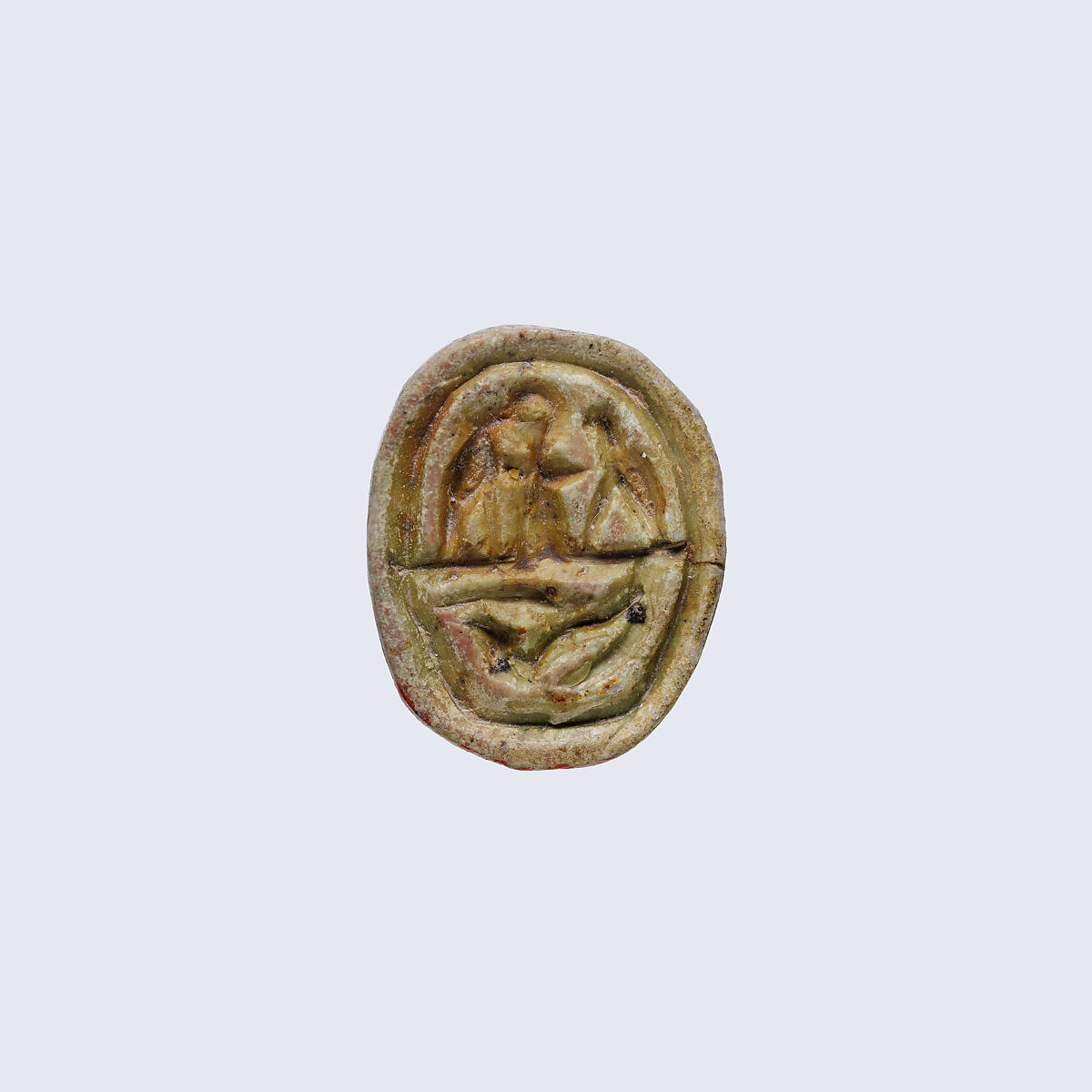 Design amulet, Cow and Calf on the Back, Device showing Antithetical Falcons Flanking an Ankh Sign over a Crouching Lion, Steatite