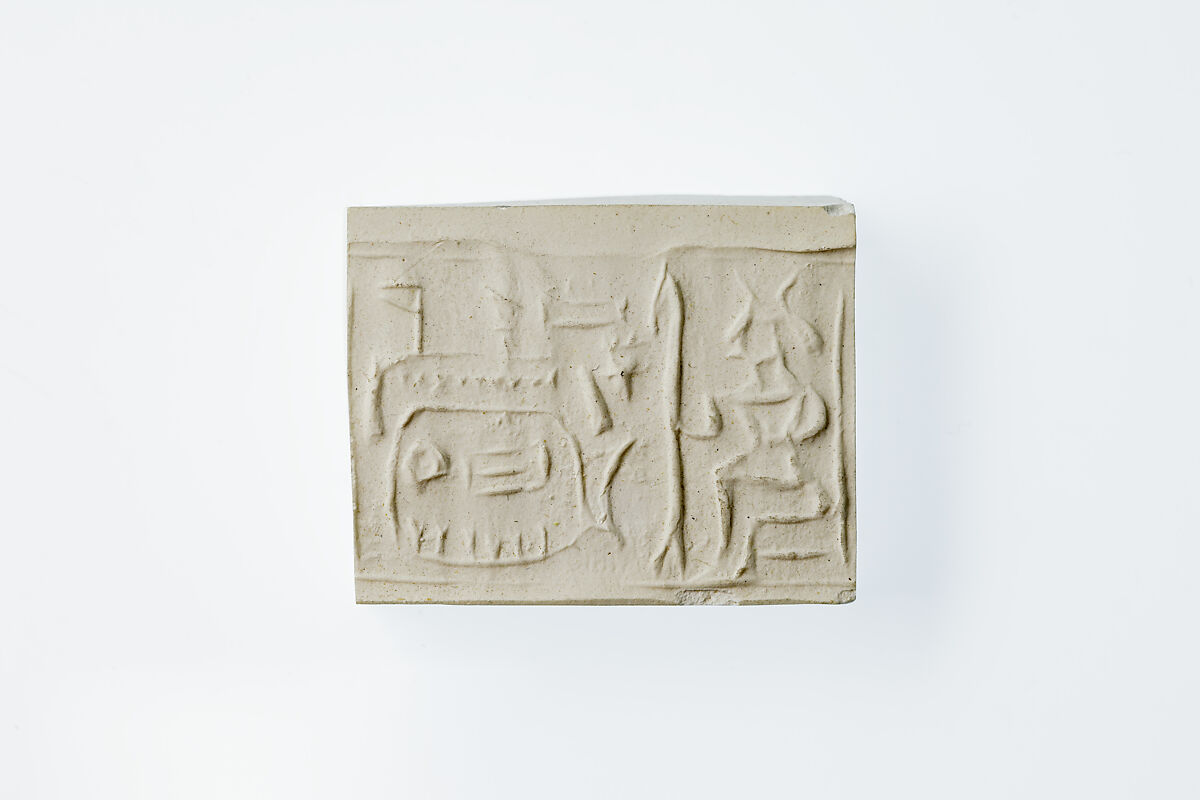 Cylinder seal with an image of seated Hathor, Green muscovite (fuchsite)