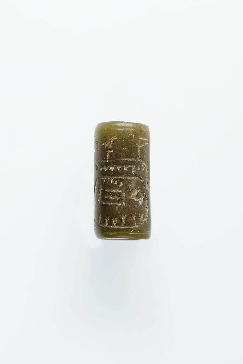 Cylinder seal with an image of seated Hathor, Green muscovite (fuchsite)