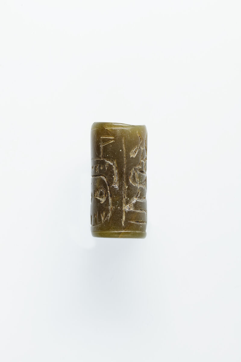 Cylinder seal with an image of seated Hathor, Green muscovite (fuchsite)