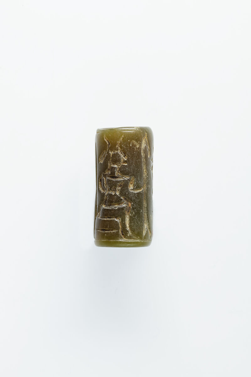 Cylinder seal with an image of seated Hathor, Green muscovite (fuchsite) 