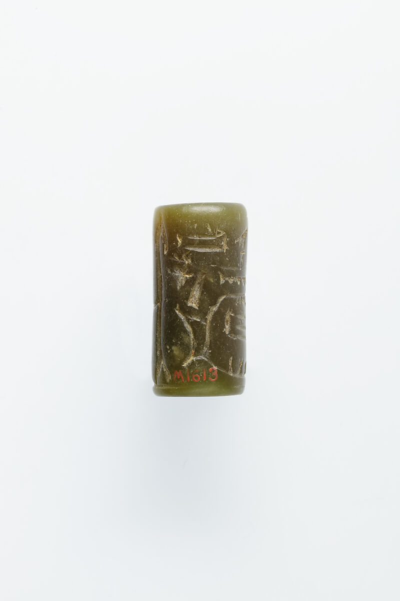 Cylinder seal with an image of seated Hathor, Green muscovite (fuchsite)