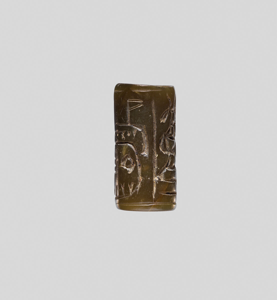 Cylinder seal with an image of seated Hathor, Green muscovite (fuchsite) 