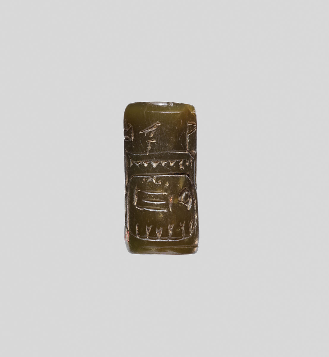Cylinder seal with an image of seated Hathor, Green muscovite (fuchsite)