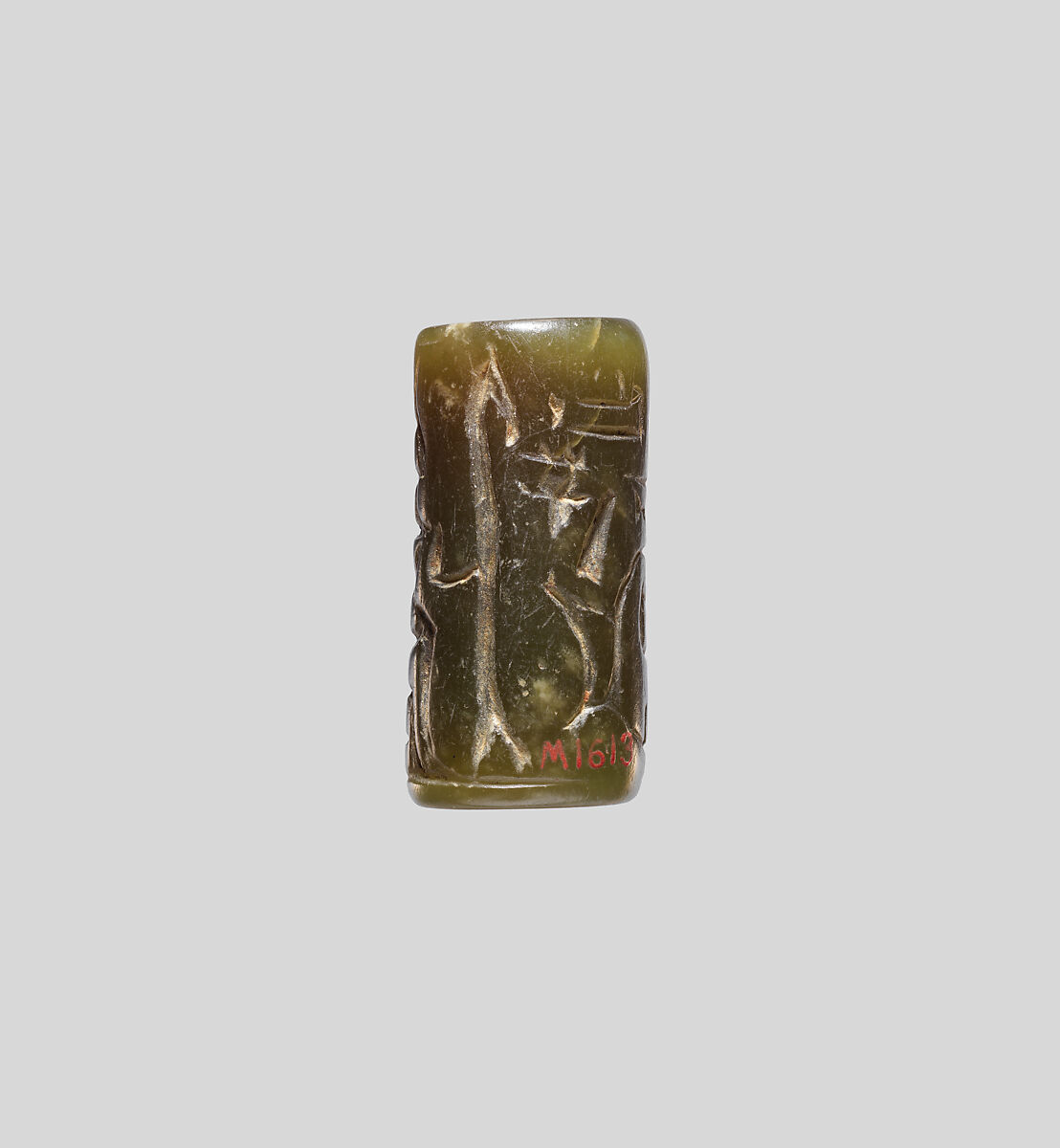 Cylinder seal with an image of seated Hathor, Green muscovite (fuchsite)