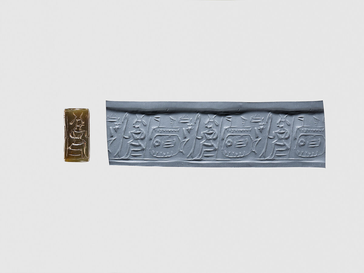 Cylinder seal with an image of seated Hathor, Green muscovite (fuchsite)