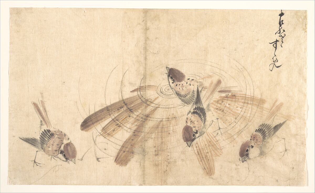 Sparrows, Katsushika Hokusai (Japanese, Tokyo (Edo) 1760–1849 Tokyo (Edo)), Sketch for a woodblock print; ink and color on paper, Japan 