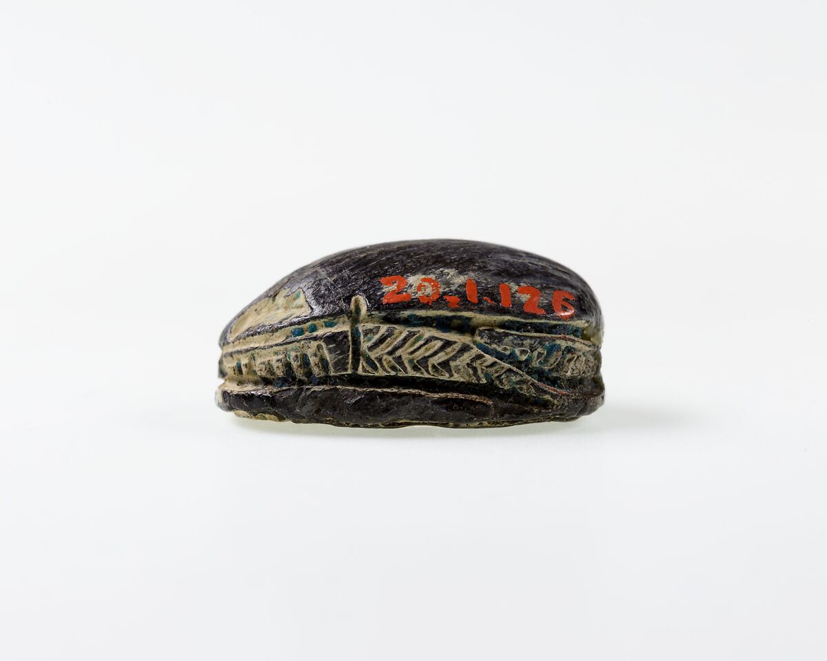 Scarab Decorated with Scrolls, Steatite, traces of blue glaze