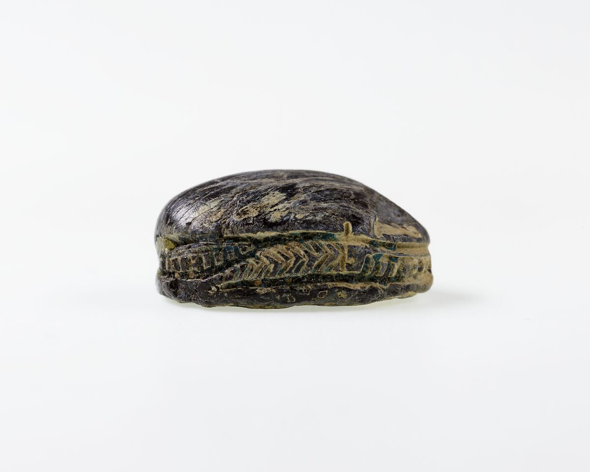 Scarab Decorated with Scrolls, Steatite, traces of blue glaze