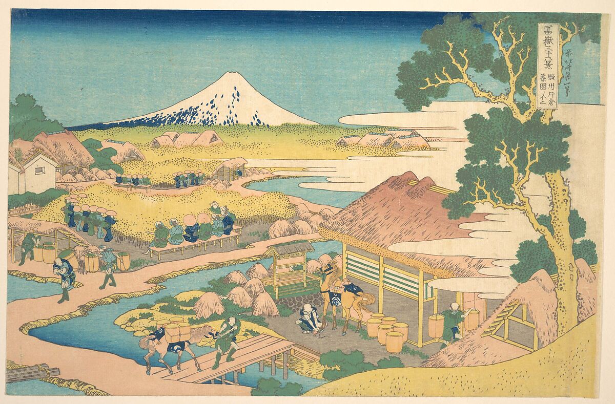 Fuji from the Katakura Tea Fields in Suruga (Sunshū Katakura chaen no Fuji), from the series Thirty-six Views of Mount Fuji (Fugaku sanjūrokkei), Katsushika Hokusai (Japanese, Tokyo (Edo) 1760–1849 Tokyo (Edo)), Woodblock print; ink and color on paper, Japan 