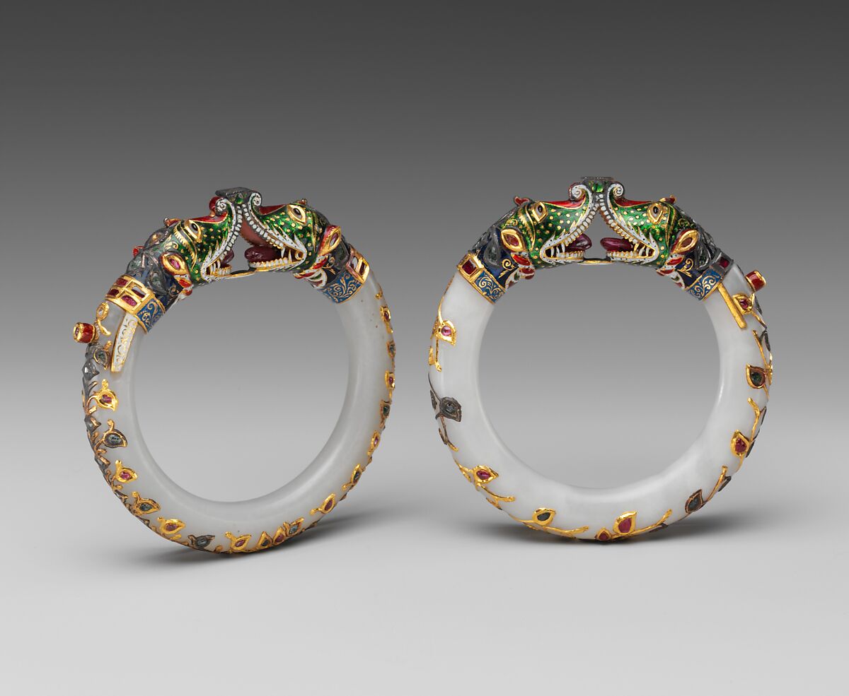 Bracelet (one of a pair), Jade (nephrite) with gold, enamel, and semiprecious stone inlays, India 