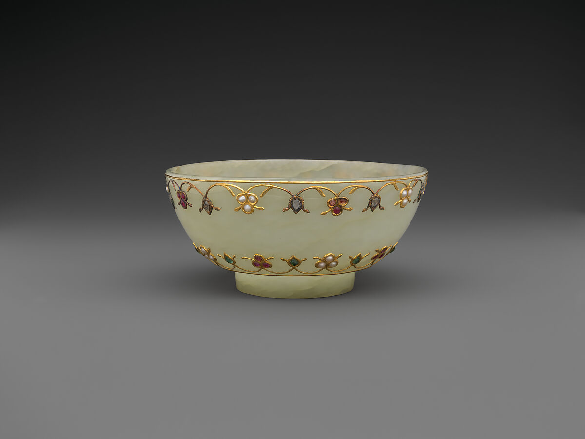 Bowl, Jade (nephrite) with gold and semiprecious stone inlays, India