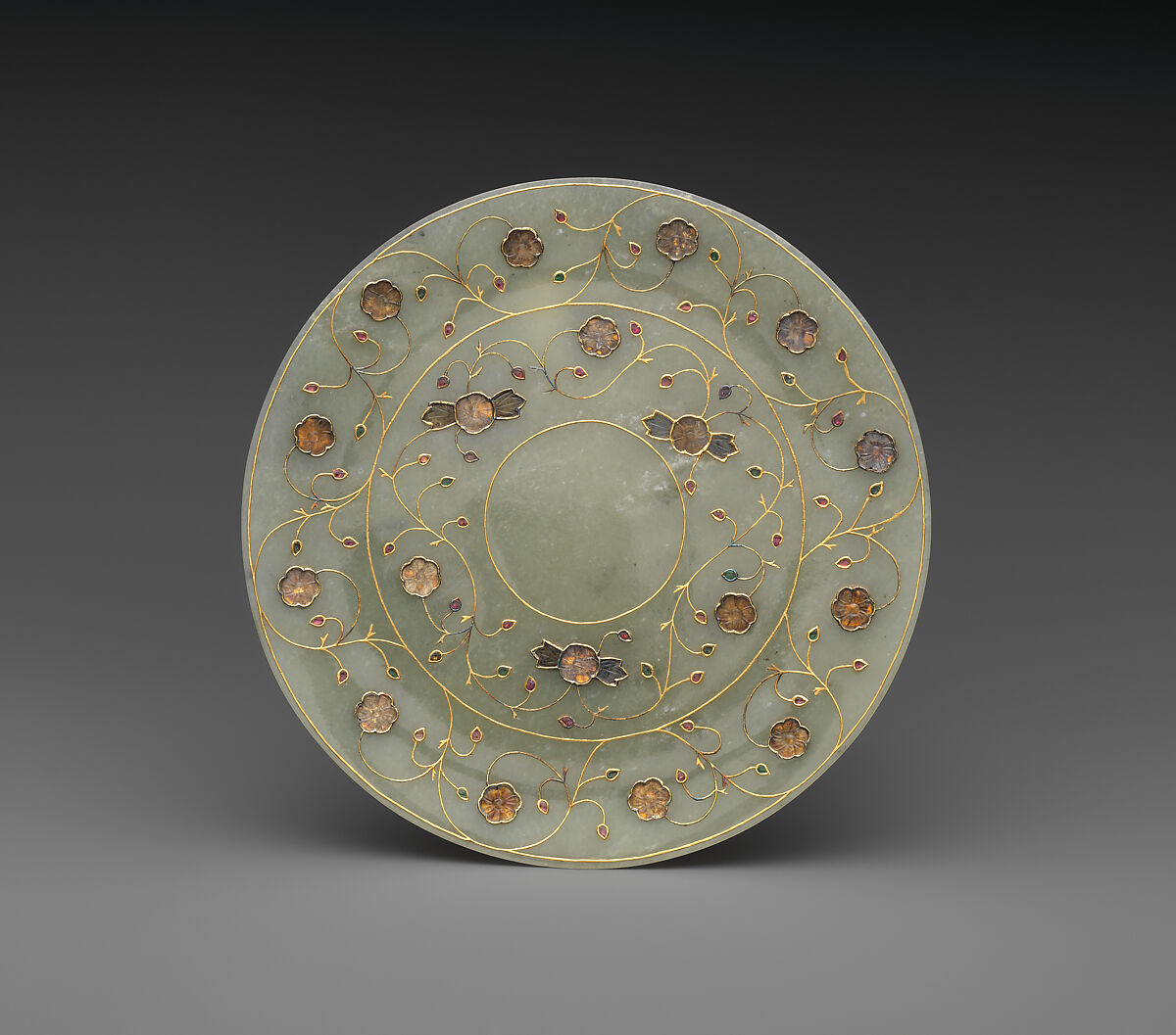 Jewelled plate, Jade (nephrite) with gold and semiprecious stone inlays, India 