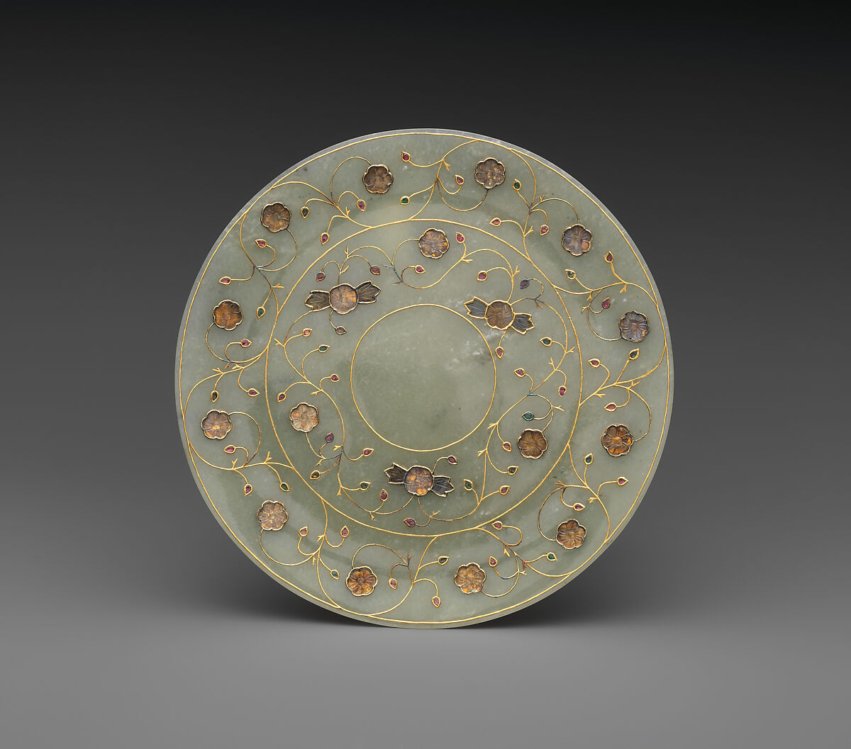 Jewelled plate, Jade (nephrite) with gold and semiprecious stone inlays, India