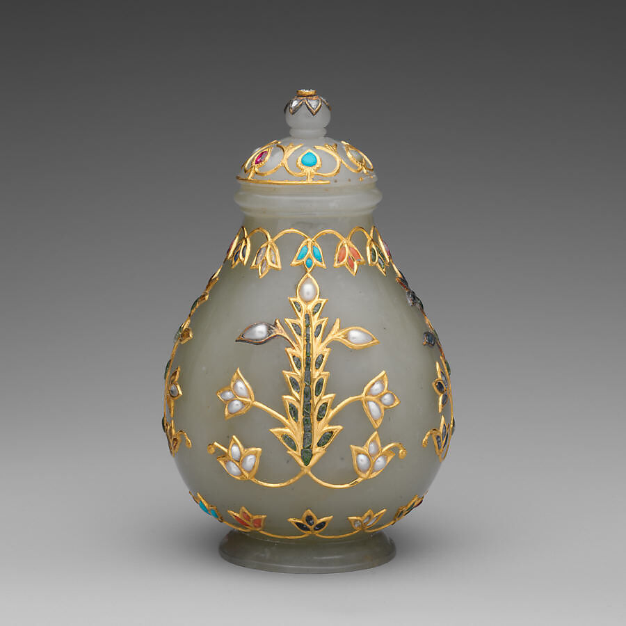 Jar with cover, Jade (nephrite) with gold and semiprecious stone inlays, India 