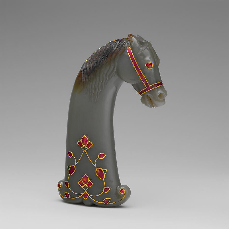 Sword handle in the shape of a horse’s head

, Jade (nephrite) with gold and semiprecious stone inlays, India