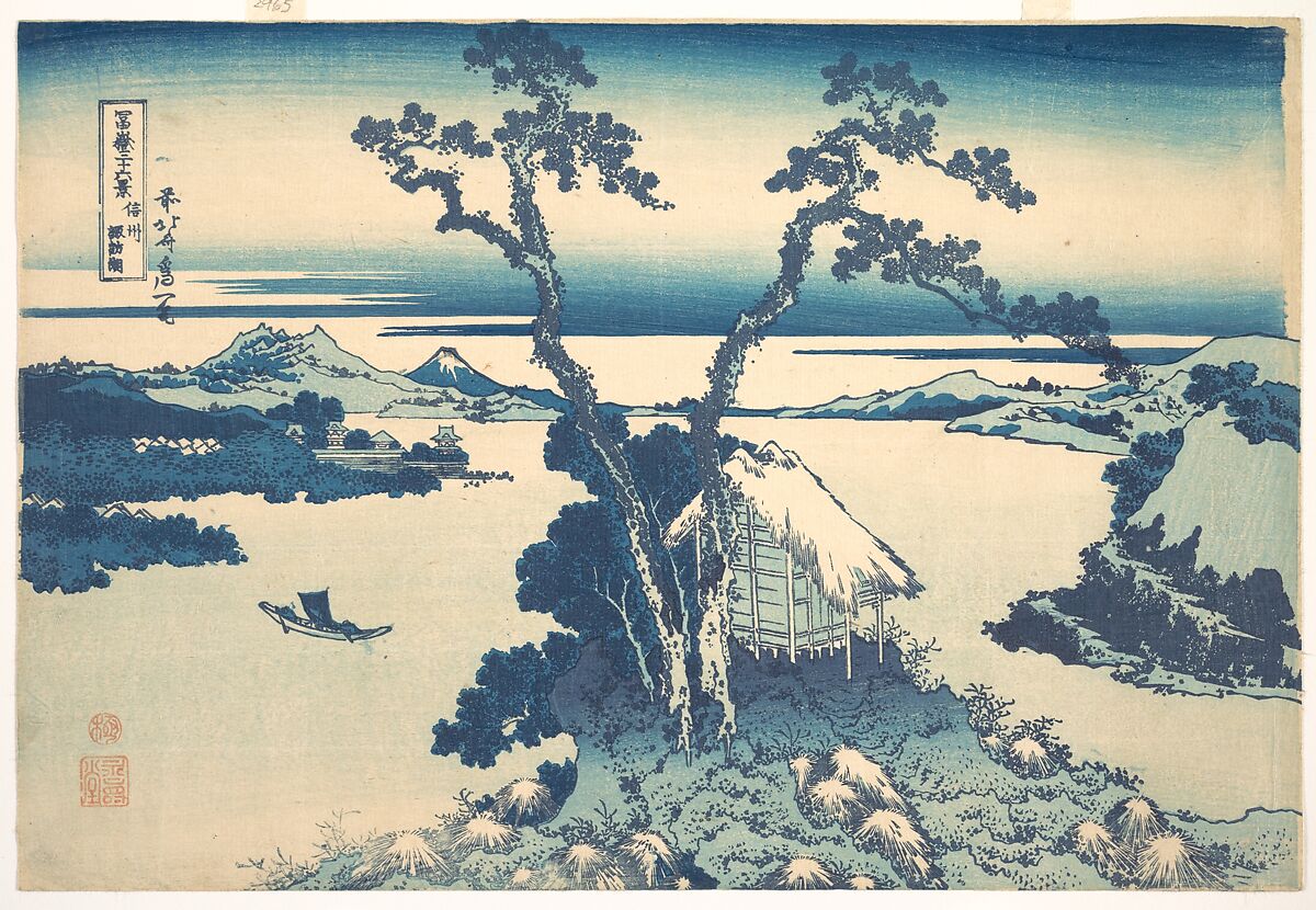 Lake Suwa in Shinano Province (Shinshū Suwako), from the series Thirty-six Views of Mount Fuji (Fugaku sanjūrokkei), Katsushika Hokusai (Japanese, Tokyo (Edo) 1760–1849 Tokyo (Edo)), Woodblock print; ink and color on paper, Japan 