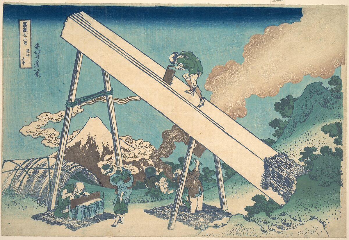 In the Mountains of Tōtomi Province (Tōtomi sanchū), from the series Thirty-six Views of Mount Fuji (Fugaku sanjūrokkei), Katsushika Hokusai (Japanese, Tokyo (Edo) 1760–1849 Tokyo (Edo)), Woodblock print; ink and color on paper, Japan 