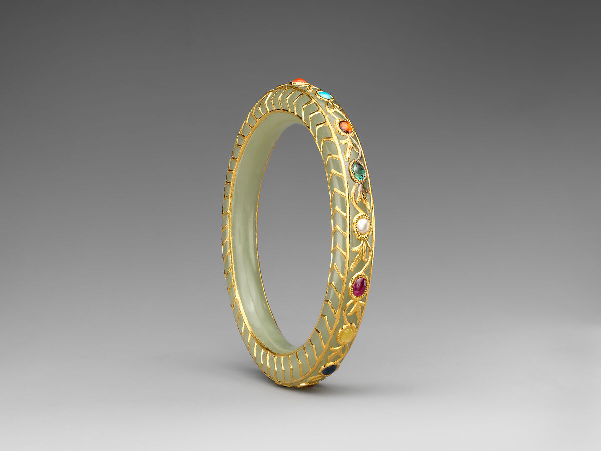 Jewelled Armlet, Nephrite with pearl, coral, and amber, India