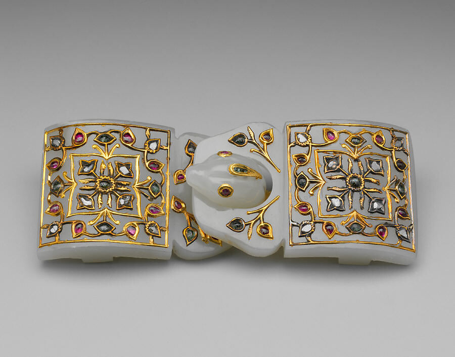 Belt buckle, Jade (nephrite) with gold, enamel, and semiprecious stone inlays, China 