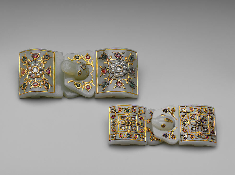 Belt buckle, Jade (nephrite) with pearl, gold, and semiprecious stone inlays, China