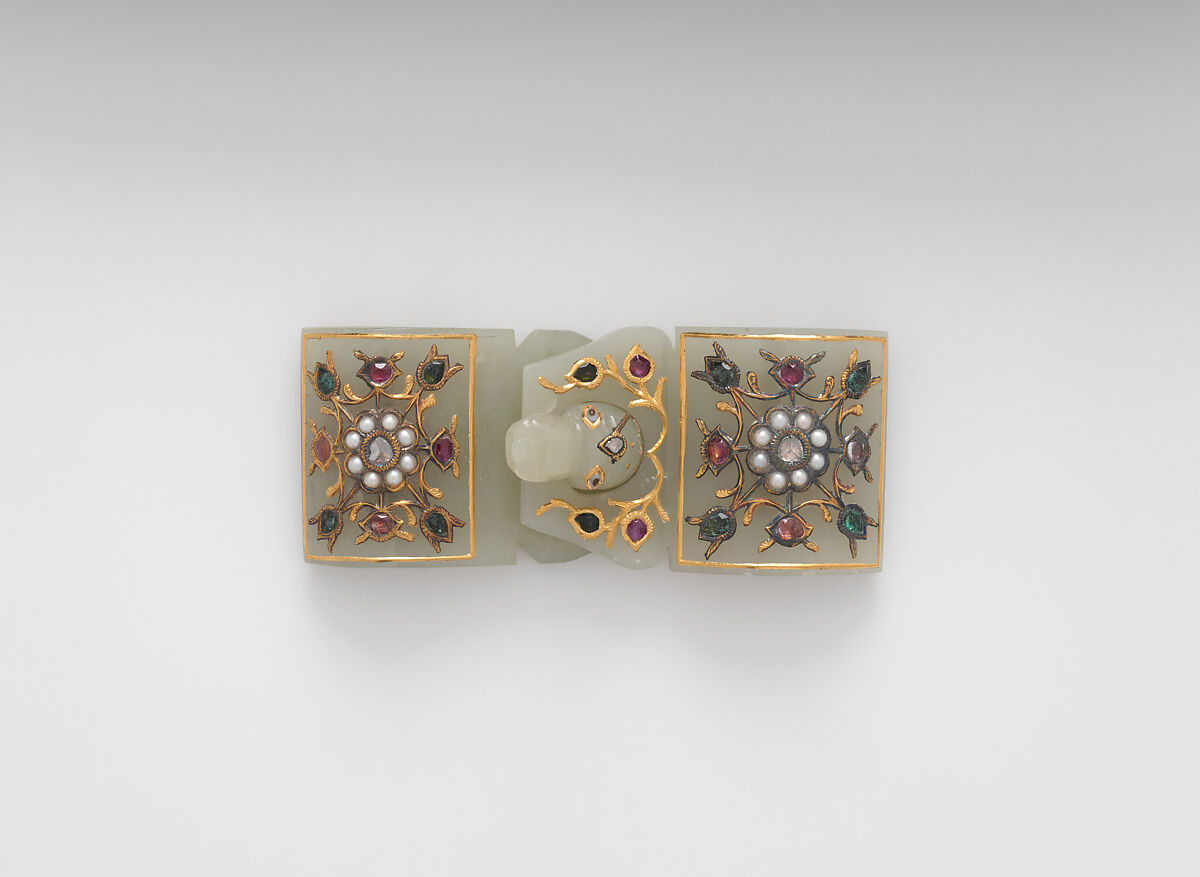 Belt buckle, Jade (nephrite) with pearl, gold, and semiprecious stone inlays, China