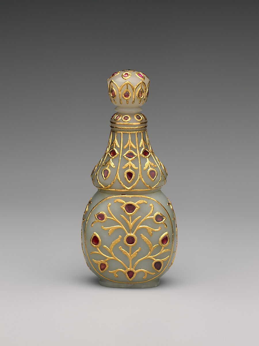 Vase with stopper, Jade (nephrite) with gold, silver, and semiprecious stone inlays, India 