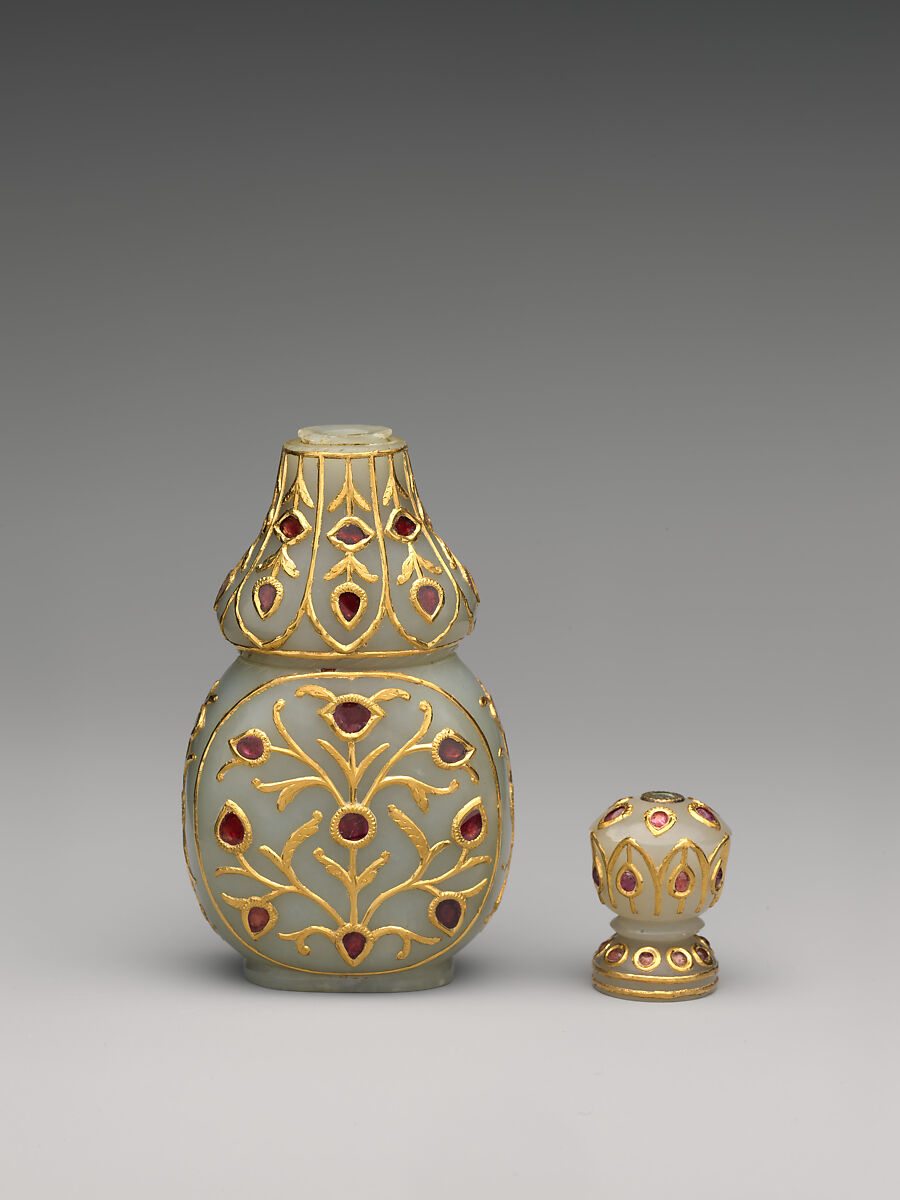 Vase with stopper, Jade (nephrite) with gold, silver, and semiprecious stone inlays, India