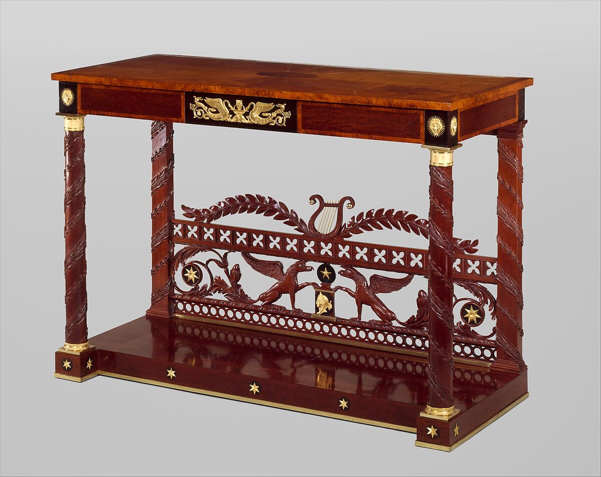 Pier table, Joseph B. Barry and Son (1757–1838), Mahogany, mahogany veneer, satinwood,
amboyna, pine, gilt bronze with yellow poplar, American 