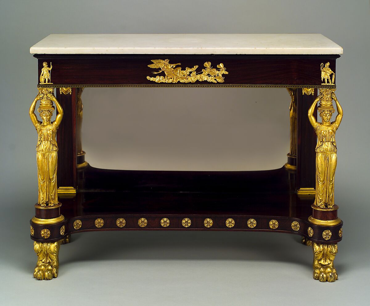 Pier table, Charles-Honoré Lannuier (France 1779–1819 New York), Rosewood veneer, gilded
gesso, brass, white metal, marble, glass with
mahogany, ash, white pine, yellow poplar, American 