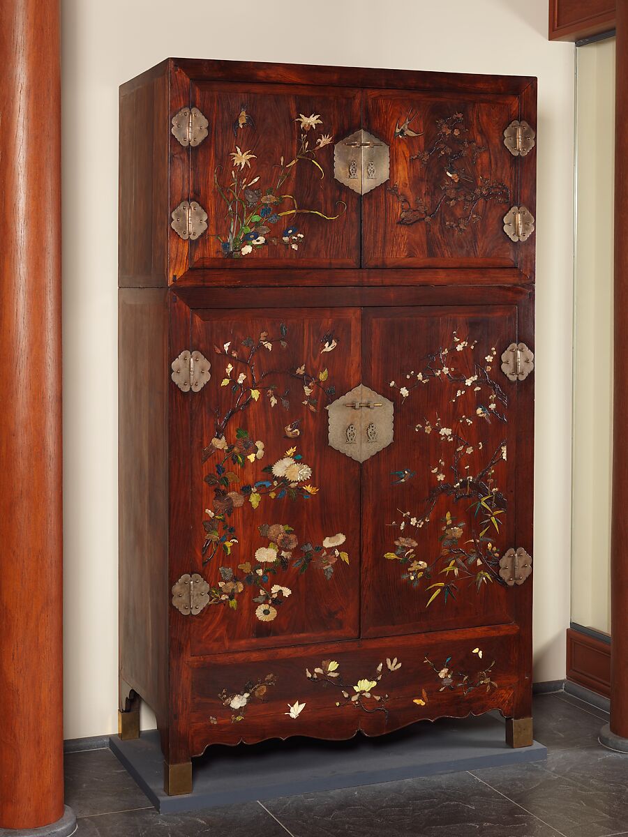 Wardrobe, Wood with inlay of mother-of-pearl, amber, glass, ivory, and other materials, China 