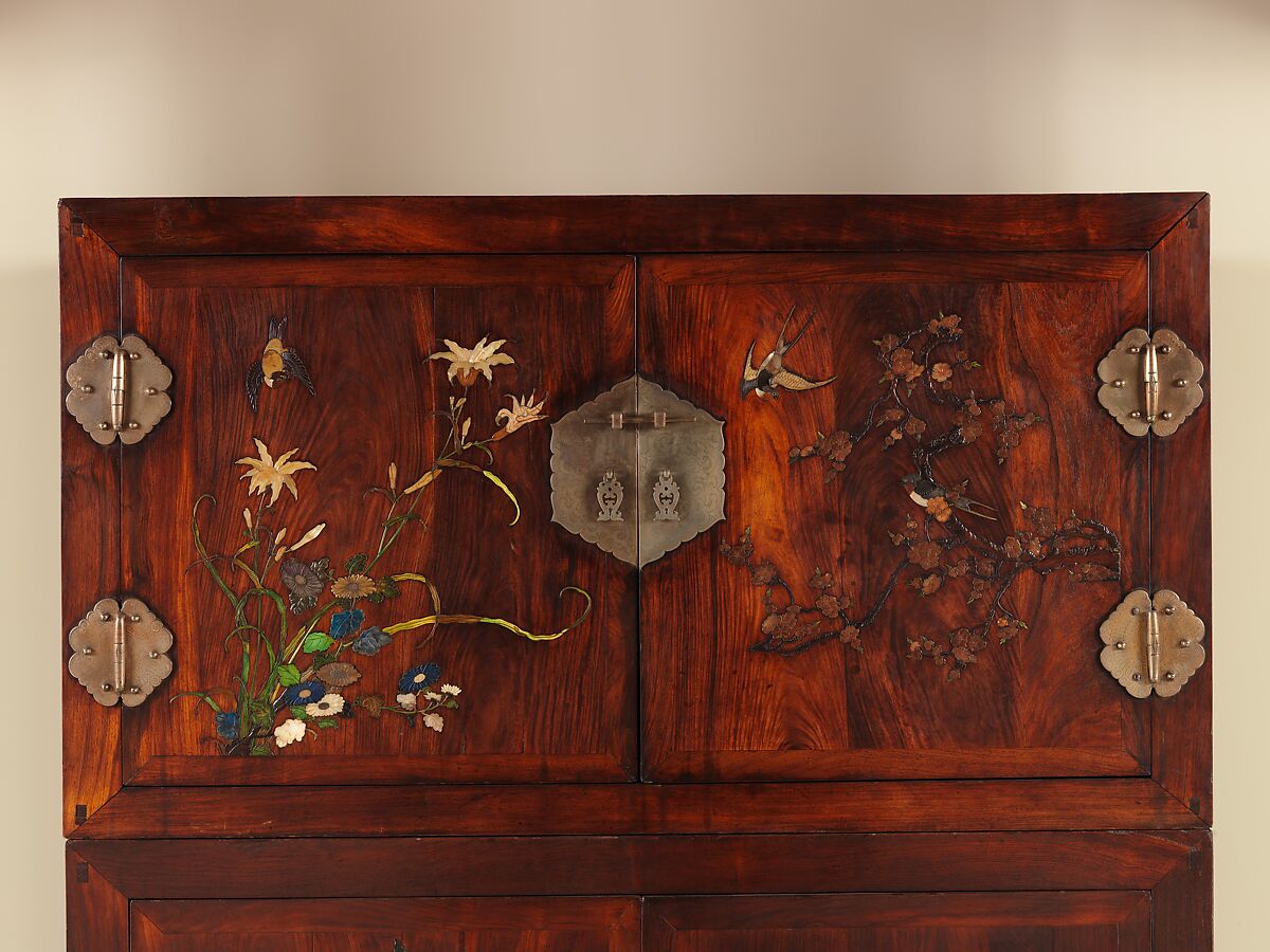 Wardrobe, Wood with inlay of mother-of-pearl, amber, glass, ivory, and other materials, China