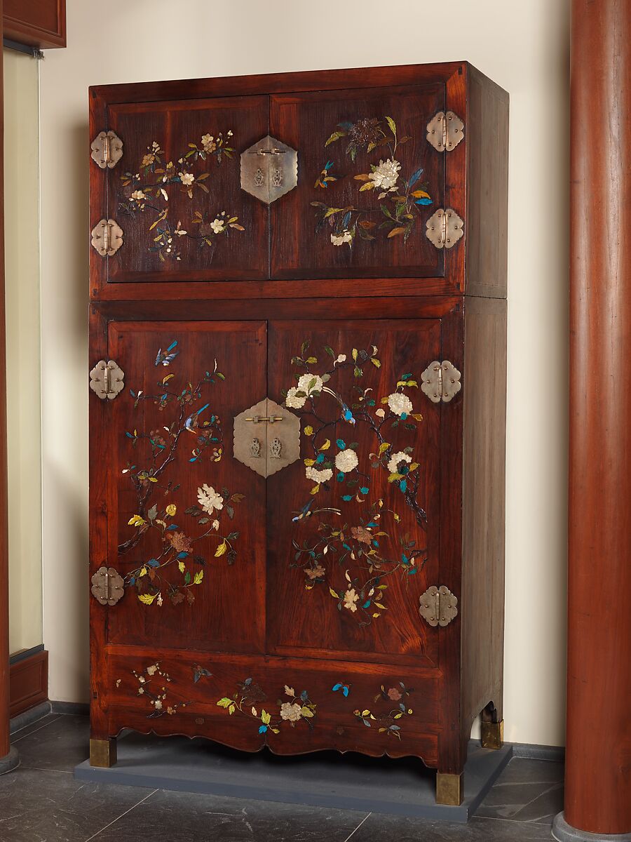 Wardrobe, Wood with inlay of mother-of-pearl, amber, glass, ivory, and other materials, China 