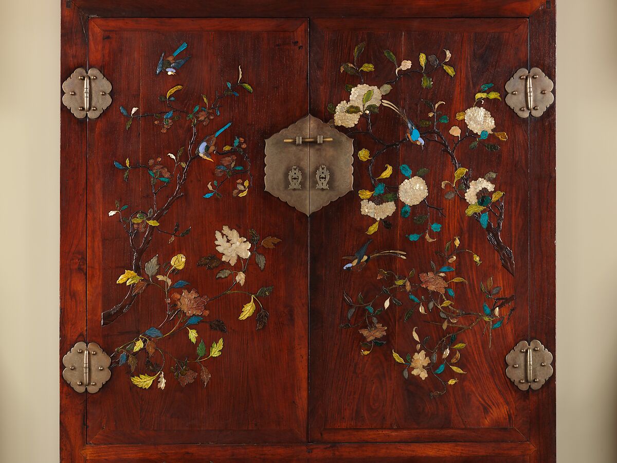 Wardrobe, Wood with inlay of mother-of-pearl, amber, glass, ivory, and other materials, China