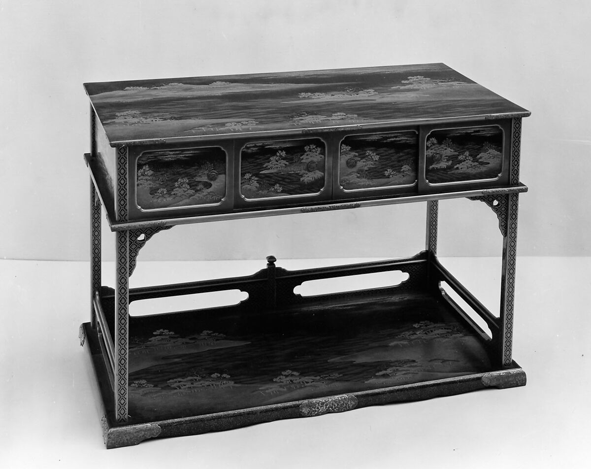 Table with Design of Pines at the Shore, Gold maki-e on black lacquer with metal mounts, Japan