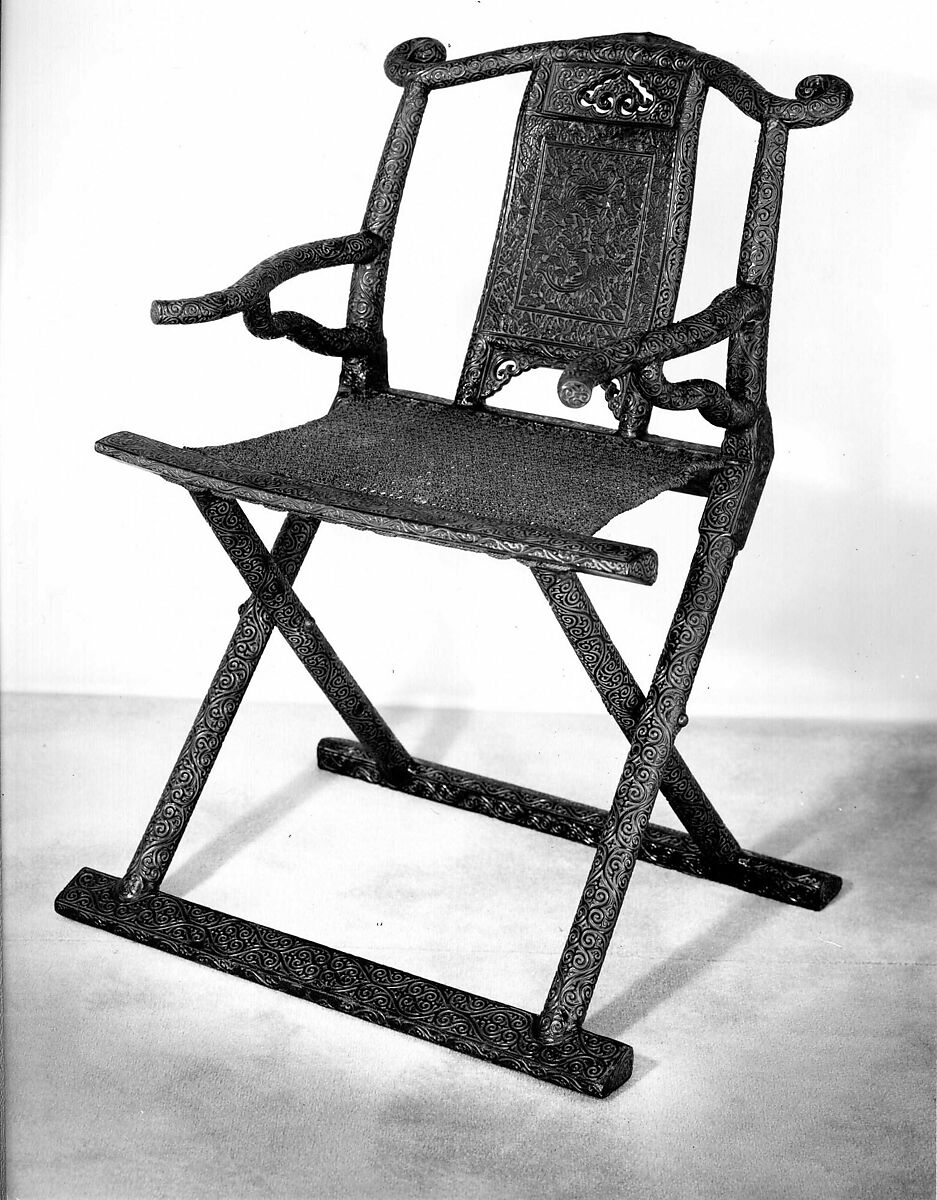 Folding chair with two birds among flowers, Carved lacquer, rattan seat, China 