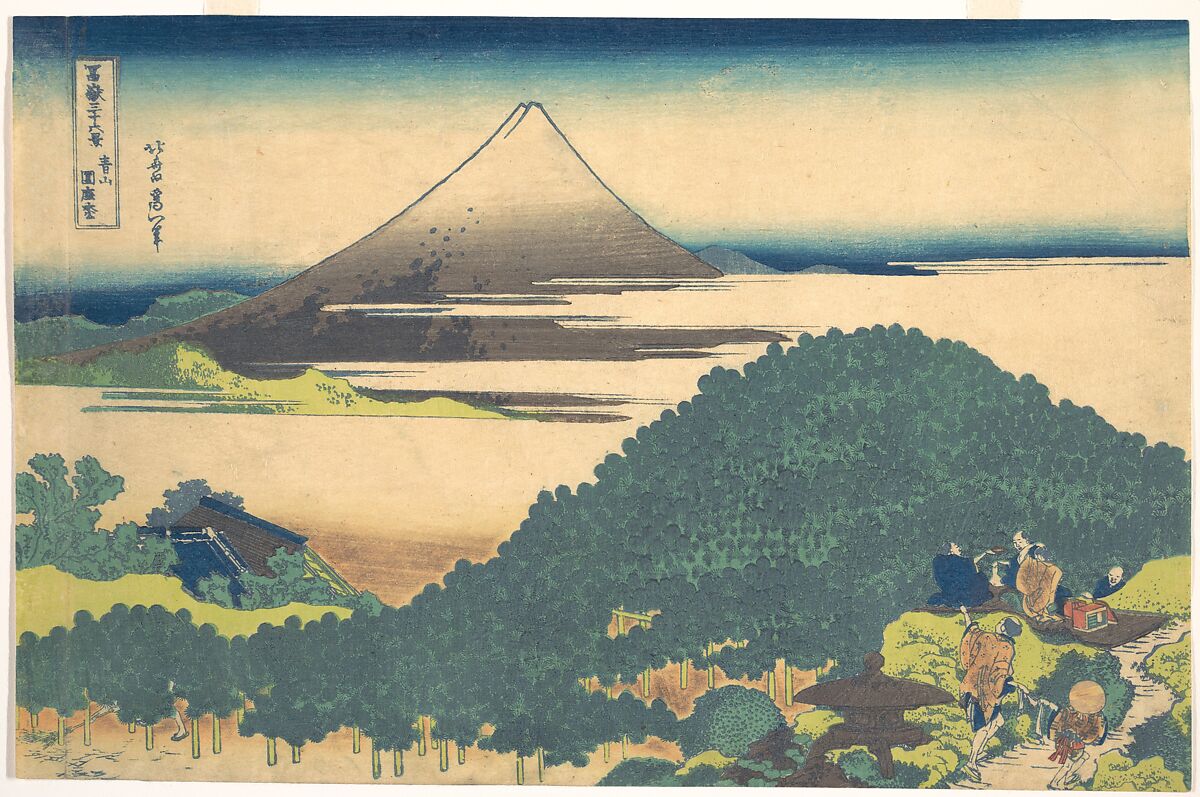 Cushion Pine at Aoyama (Aoyama enza no matsu), from the series Thirty-six Views of Mount Fuji (Fugaku sanjūrokkei), Katsushika Hokusai (Japanese, Tokyo (Edo) 1760–1849 Tokyo (Edo)), Woodblock print; ink and color on paper, Japan 