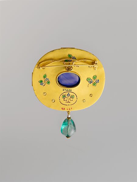 Pin, Florence Koehler (1861–1944), Gold, sapphire, pearls, emeralds, enamel, American
