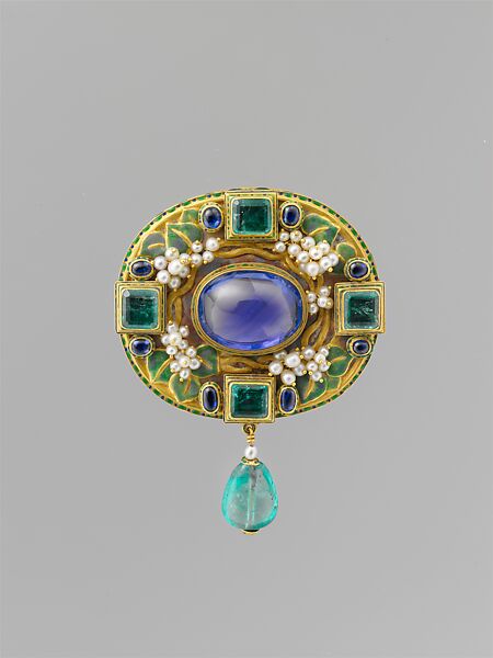 Pin, Florence Koehler (1861–1944), Gold, sapphire, pearls, emeralds, enamel, American 