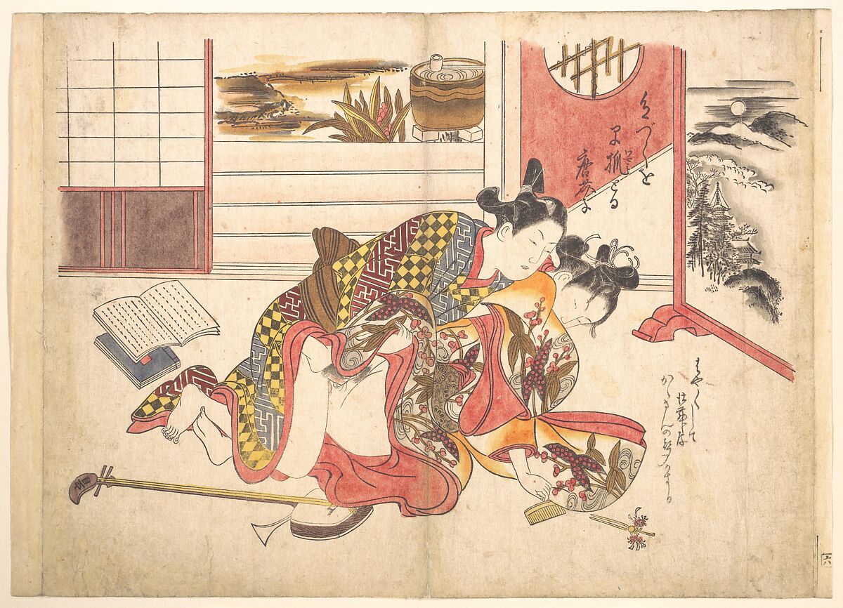 Bedroom Scene, Okumura Masanobu (Japanese, 1686–1764), Woodblock print; ink and color on paper (hand colored), Japan 